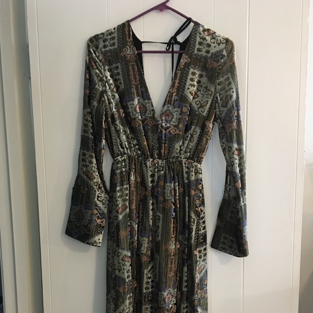 Topshop Green Multi Metallic Devore Plunge Dress